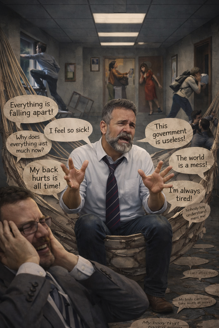 Middle-aged man with gray hair and beard sitting overwhelmed in a chaotic office scene, expressing frustration while surrounded by negative thoughts and stress