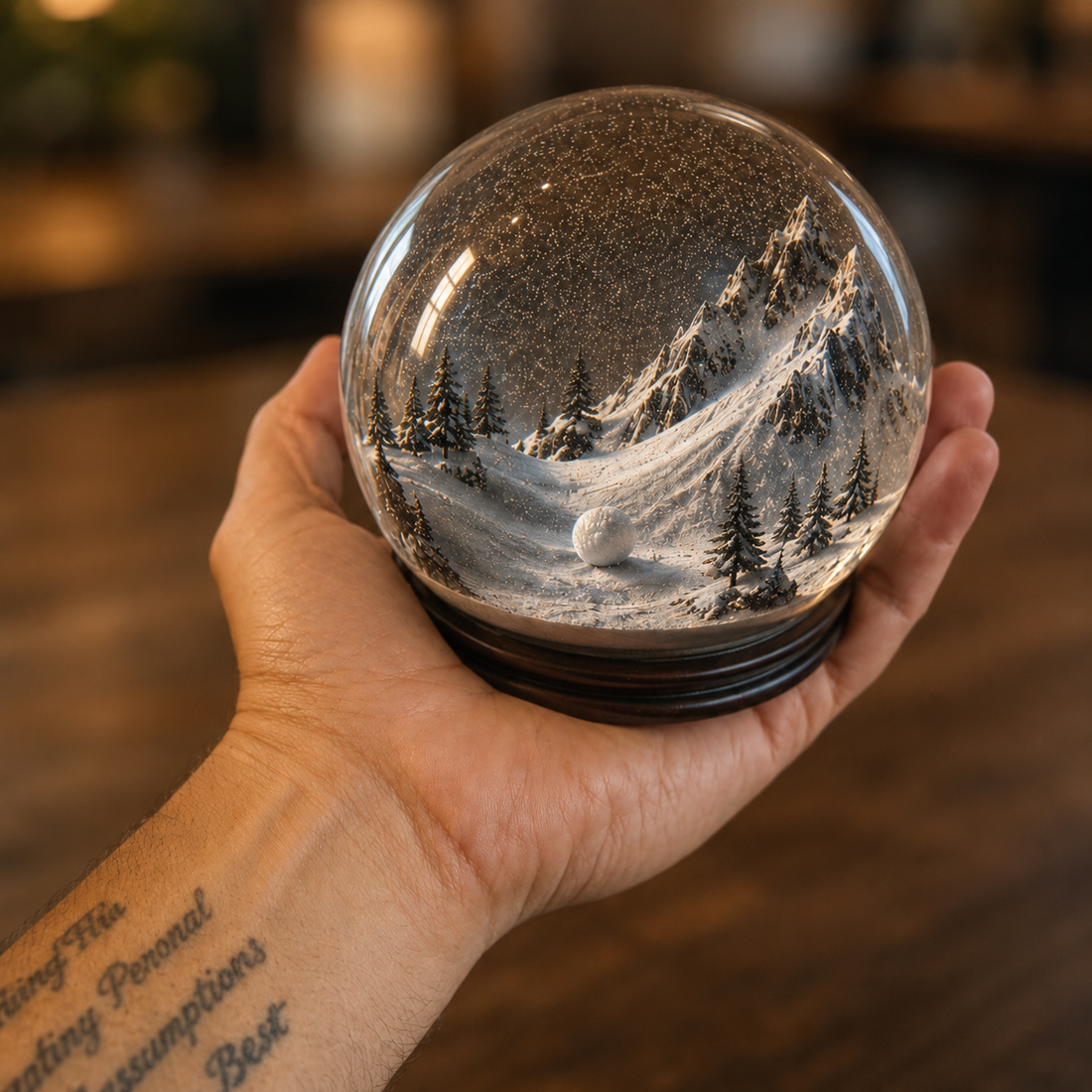 Hand holding a snow globe with a small snowball inside, symbolizing how small thoughts can grow into something bigger if left unchecked.