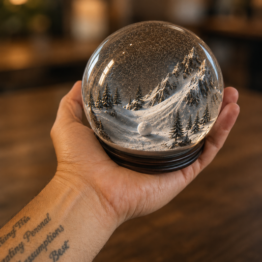 Hand holding a snow globe with a small snowball inside, symbolizing how small thoughts can grow into something bigger if left unchecked.
