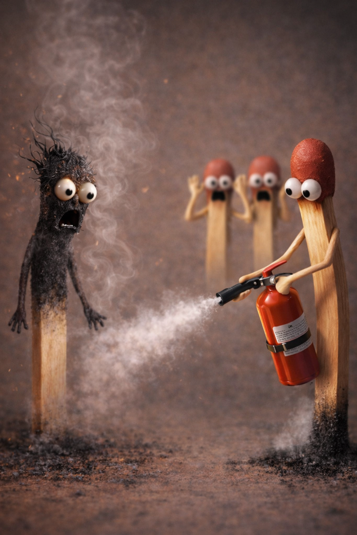 A charred matchstick smokes after being extinguished while another calmly uses a fire extinguisher, as others panic in the background, illustrating proactive versus reactive behavior.