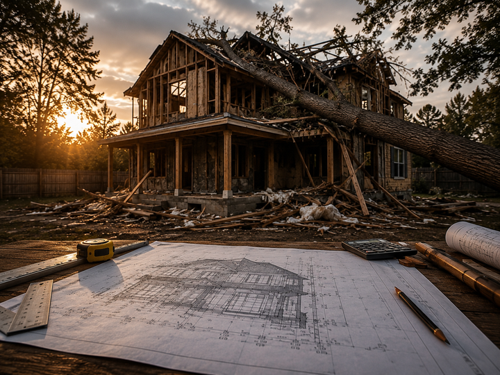 A damaged house with a large fallen tree across the roof stands behind architectural blueprints and construction tools, symbolizing that even when everything is planned and built correctly, life can still change the outcome.