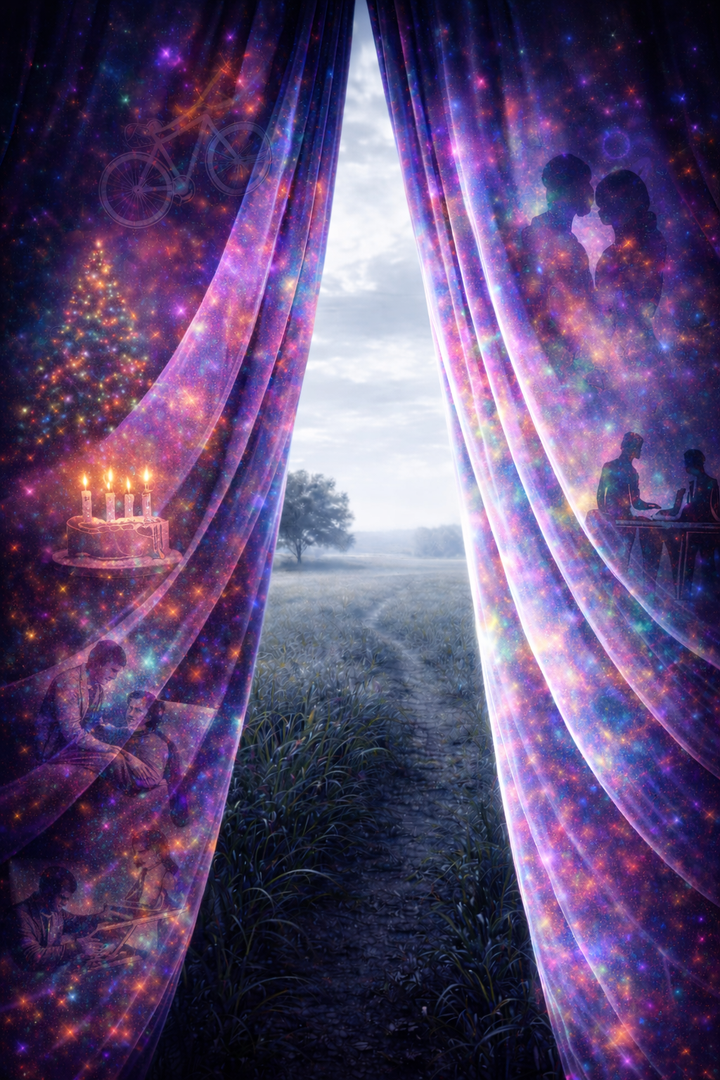 Dark stage with a partially open curtain and light shining through, symbolizing seeing reality clearly beyond illusion and distraction