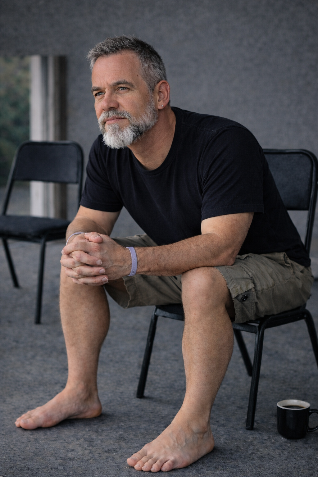 Man sitting barefoot on a chair, leaning forward with hands clasped, wearing a black t-shirt and cargo shorts, calm and reflective expression, neutral indoor background with a coffee mug on the floor nearby.