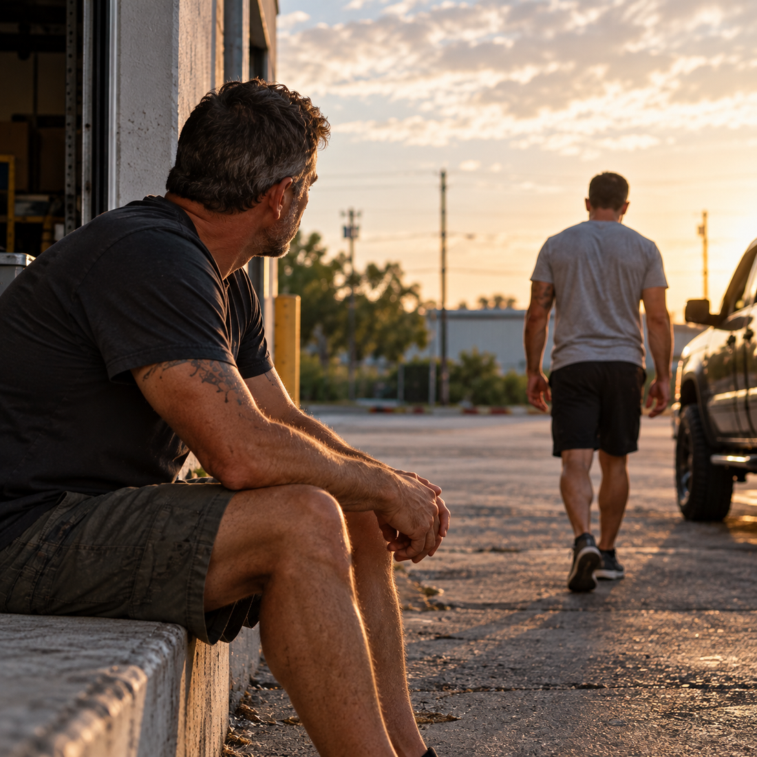 One man sits outside a garage watching another man walk away across a Florida parking lot at sunset.