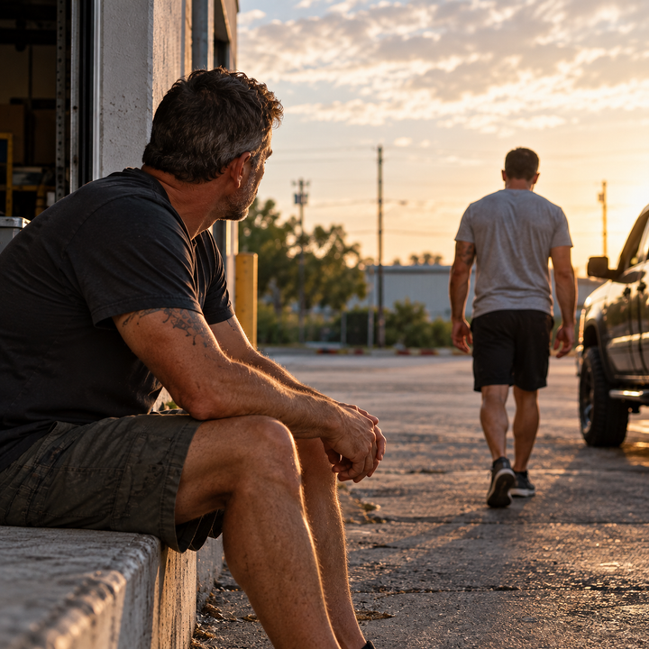 One man sits outside a garage watching another man walk away across a Florida parking lot at sunset.