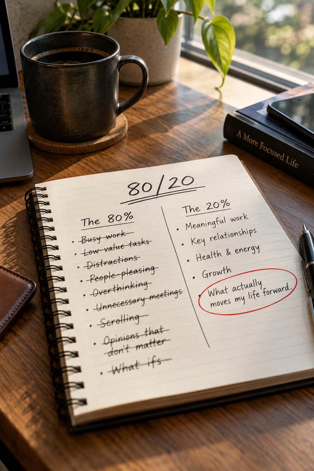 A sunlit notebook compares distractions with meaningful priorities, inviting reflection on where our energy goes.