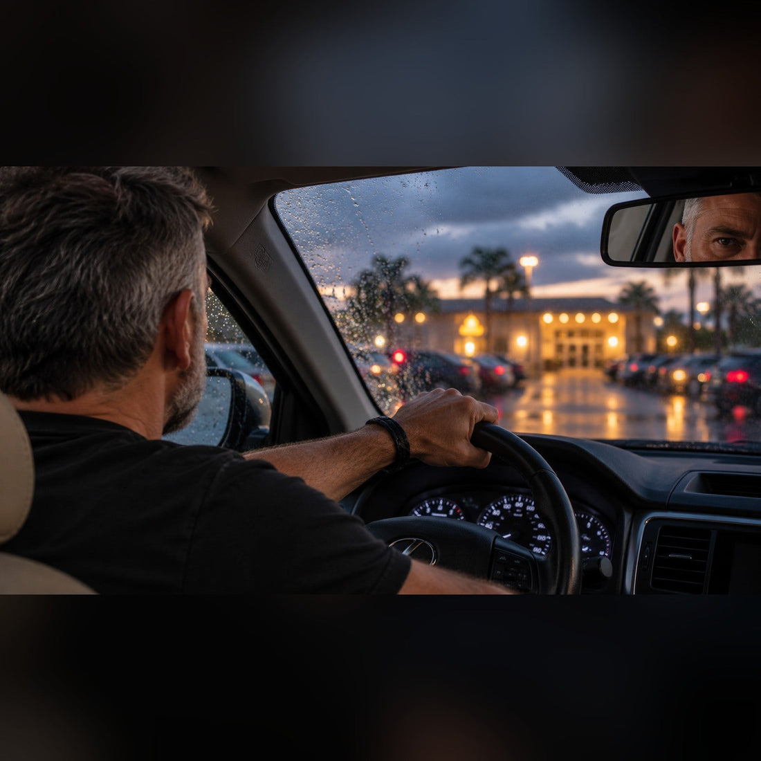 Gray-haired man in a black T-shirt gripping the steering wheel in a rainy parking lot, with one eye reflected in the rearview mirror and destination blurred ahead.