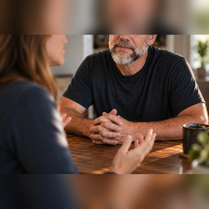A gray-bearded man in a black T-shirt listens attentively with clasped hands as a woman speaks across a wooden table.