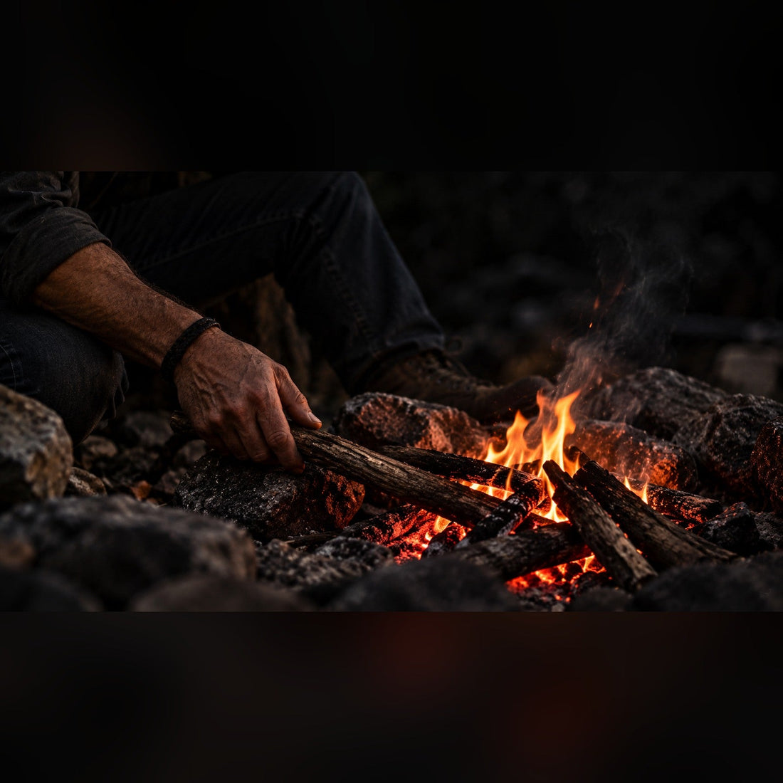 A weathered hand tending a campfire with glowing embers and charred logs, symbolizing care for the inner fire.